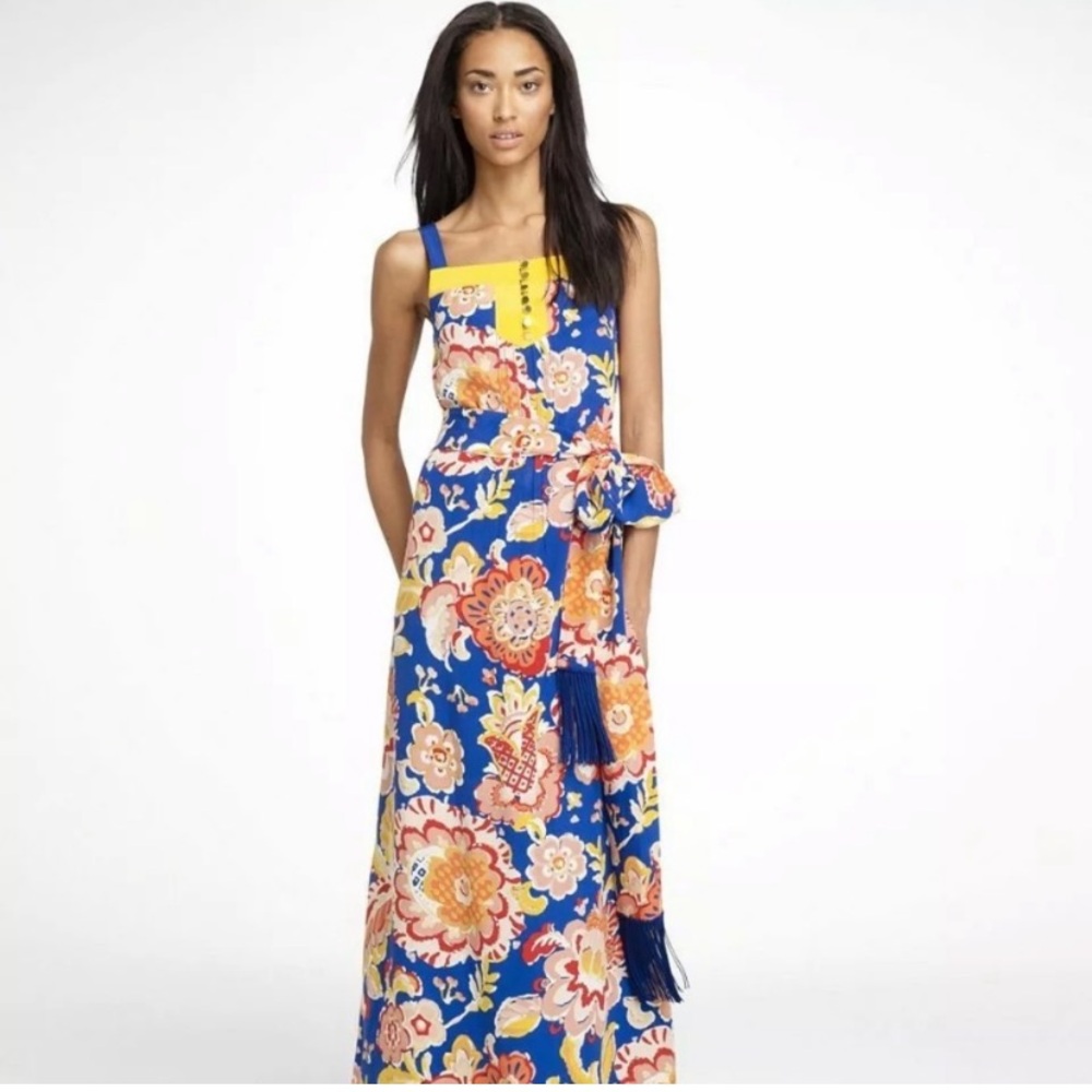 Tory Burch Maxi Floral Tie Waist Dress in Blue and Yellow, excellent condition